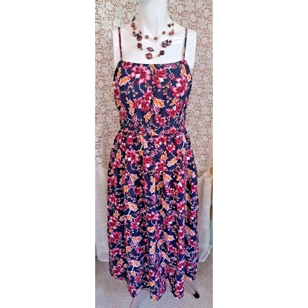 Old‎ Navy Midi Dress Size M Blue Pink Floral Babydoll Bohemian Style Pockets